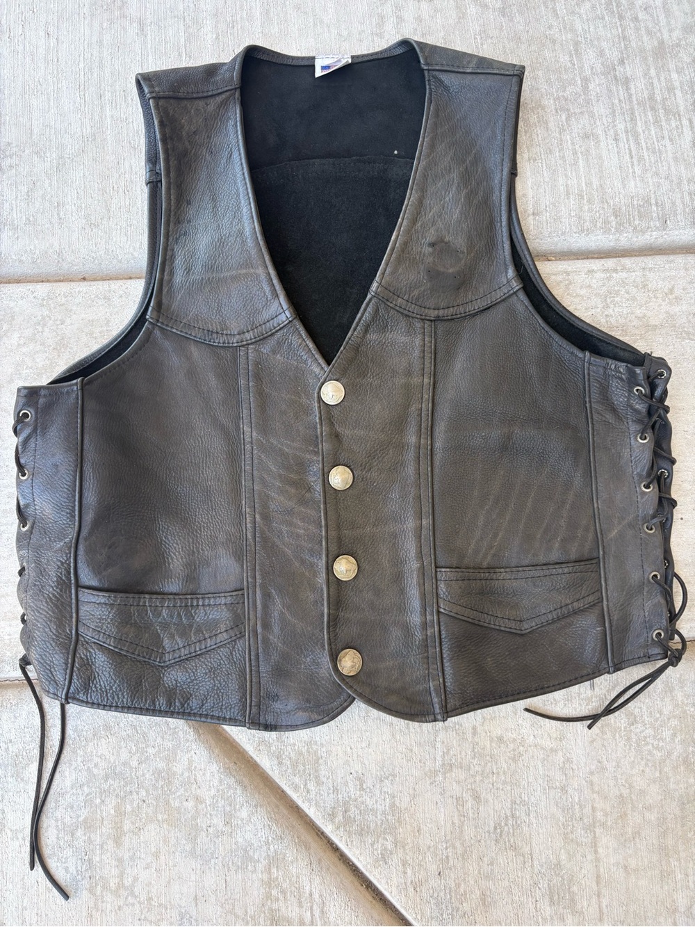 Vintage USA Made Heavy Black Leather Motorcycle Vest Buffalo Nickel Biker  XL